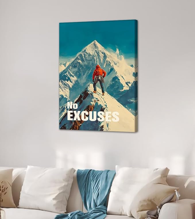 No Excuses Wall Art - Inspirational Mountaineer Canvas Print, Face Challenges Head-On Motivational Quotes Wall Decor, Modern Success Artwork for Office Home Living Room, Framed 24"x36"