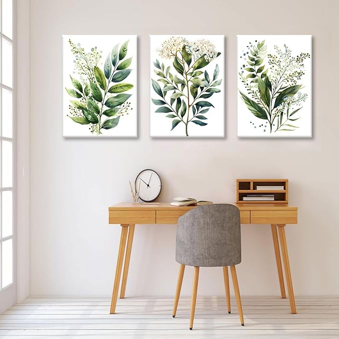 Bwodke Botanical Wall Art Plant Floral Watercolor Poster Canvas Prints Set of 3 Framed Sage Green Painting Eucalyptus Leaf Picture Modern Minimalist Home Decor Bedroom Bathroom Living Room 12"x16"