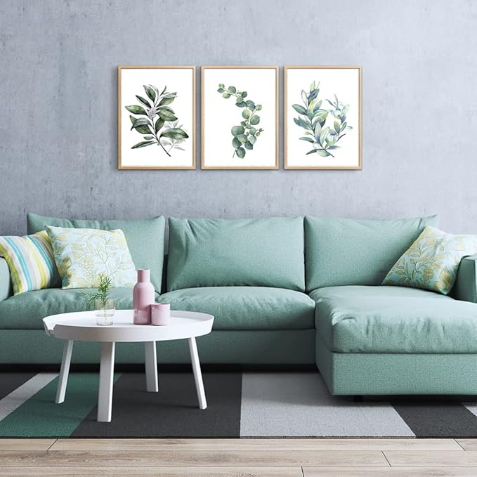Framed Canvas Wall Art For Living Room Wall Decor For Bedroom Green Leaves Plants Watercolor Painting Office Wall Pictures Kitchen Wall Decorations Bathroom Decor Set Of 3 Piece Framed Art Prints