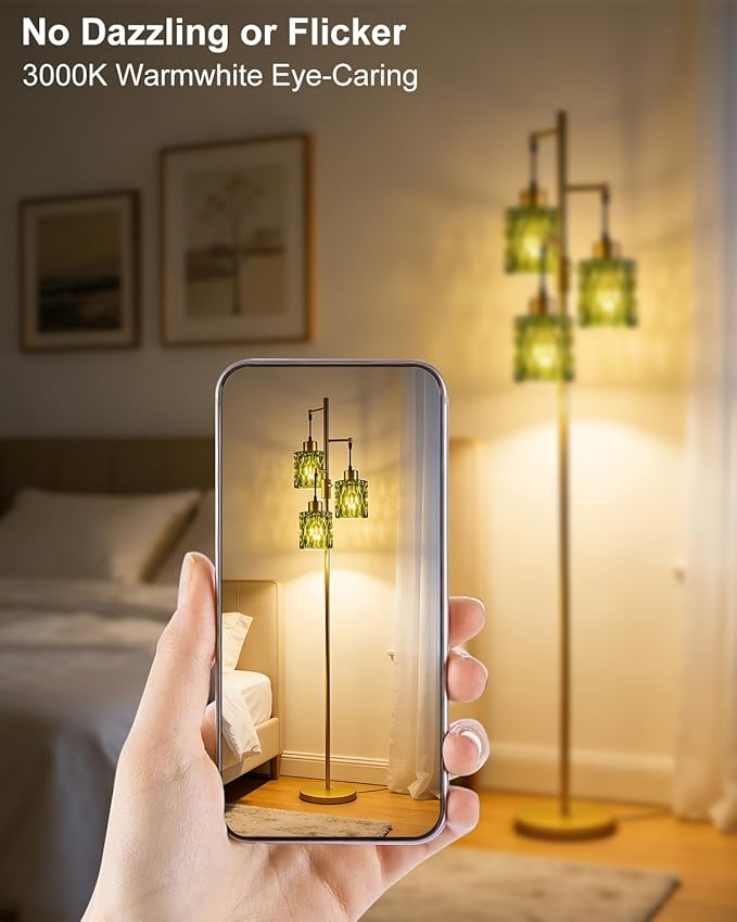Lightdot 67" 3-Light Glass Floor Lamps for Living Room, Dimmable Floor Lamp with Green Glass Shade& E12 Bulbs Included, Mid Century Standing Tall Lamp for Bedroom/Sofa Beside/Corner Decor-Gold