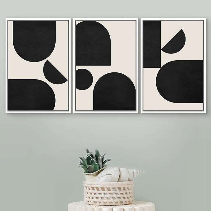 SIGNFORD Framed Canvas Print Wall Art Set Geometric Semi Circle Arch Polygons Abstract Shapes Illustrations Modern Art Bohemian Nordic Relax/Calm for Living Room, Bedroom, Office - 16"x24"x3 White