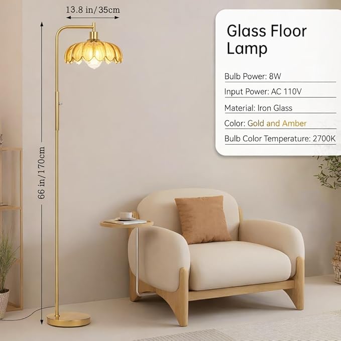 Glass Floor Lamp for Living Room, Dimmer Standing Lamp with Green Ribbed Lampshade,66” Tall Lamp & Gold Floor Lamp for Bedroom Study Room,Brushed Gold (Flower Amber Glass Shade)