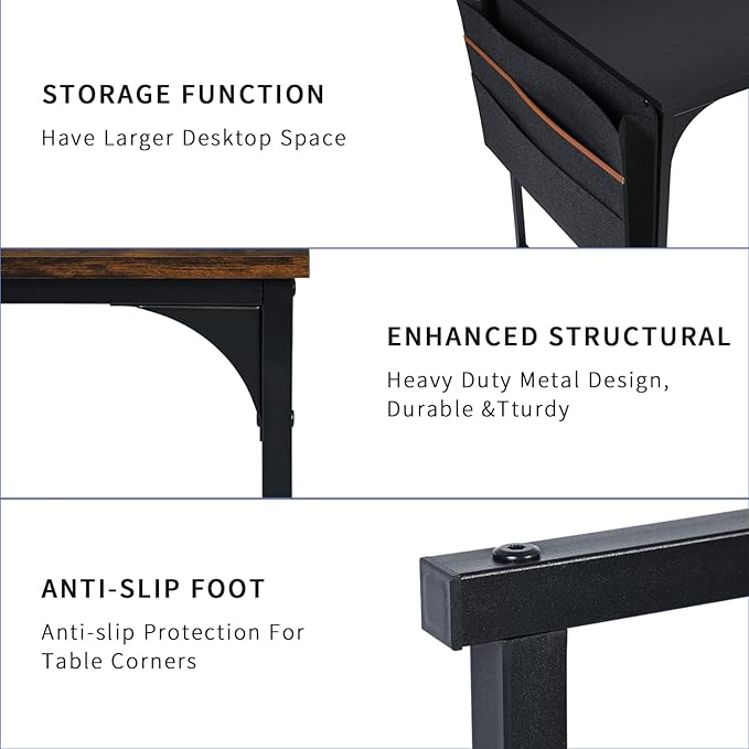 Homy Casa Inc Computer Desk 47 inch Study Writing Table with A Storage Bag Space Saving for Home Office, Modern Simple Style PC Desk, Black Metal Frame, Black & Brown Table Top