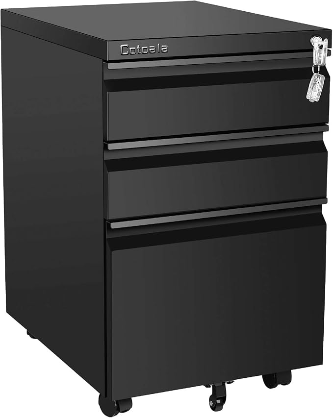 Rolling 3 Drawer File Cabinet with Lock, Black