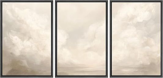 MUDECOR Framed Wall Art Print Set Neutral Cloudscape Soft Beige Abstract Sky Illustrations Modern Art Boho Decorative Colorful Chic for Living Room, Bedroom, Office - 16"x24"x3 Black