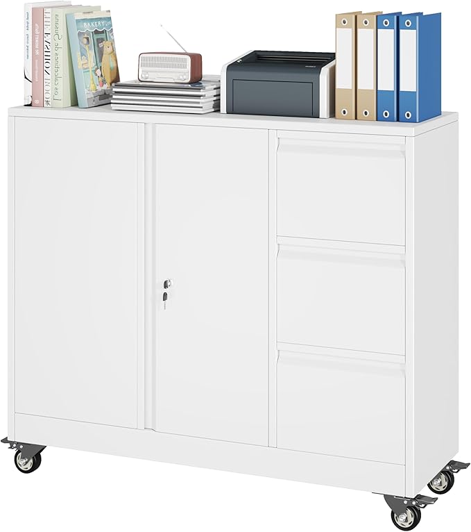 Metal Lockable File Cabinet with 3 Drawers, Black Metal Storage Cabinet with Locking Doors for Home Office Garage School (46.45" W x15.75 D x 40.4 "H)