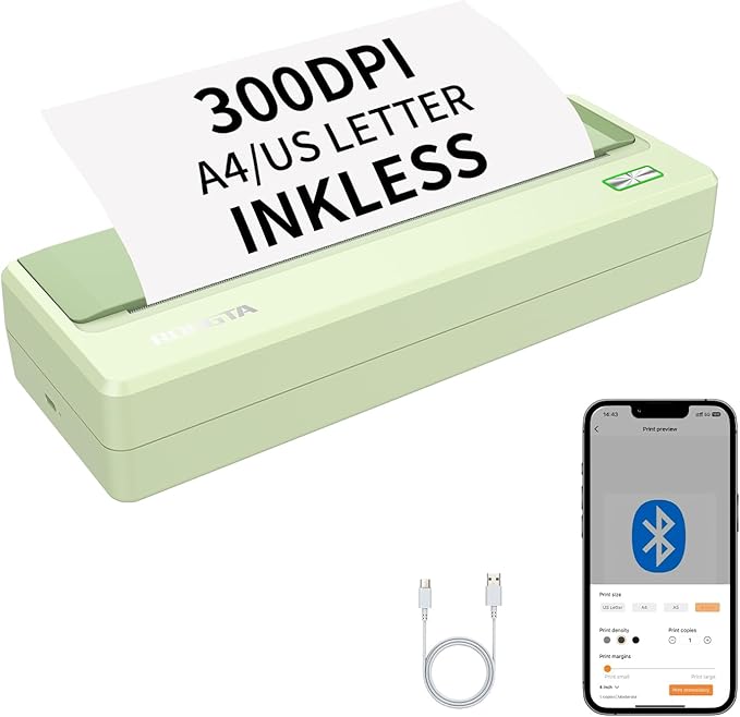 Rongta Portable Printers Wireless for Travel,Thermal Inkless Printer for School/Office/Home Use, Support 8.5x11 US Letter&A4 Thermal Paper, Compatible with Android,iOS & Laptop (Green)