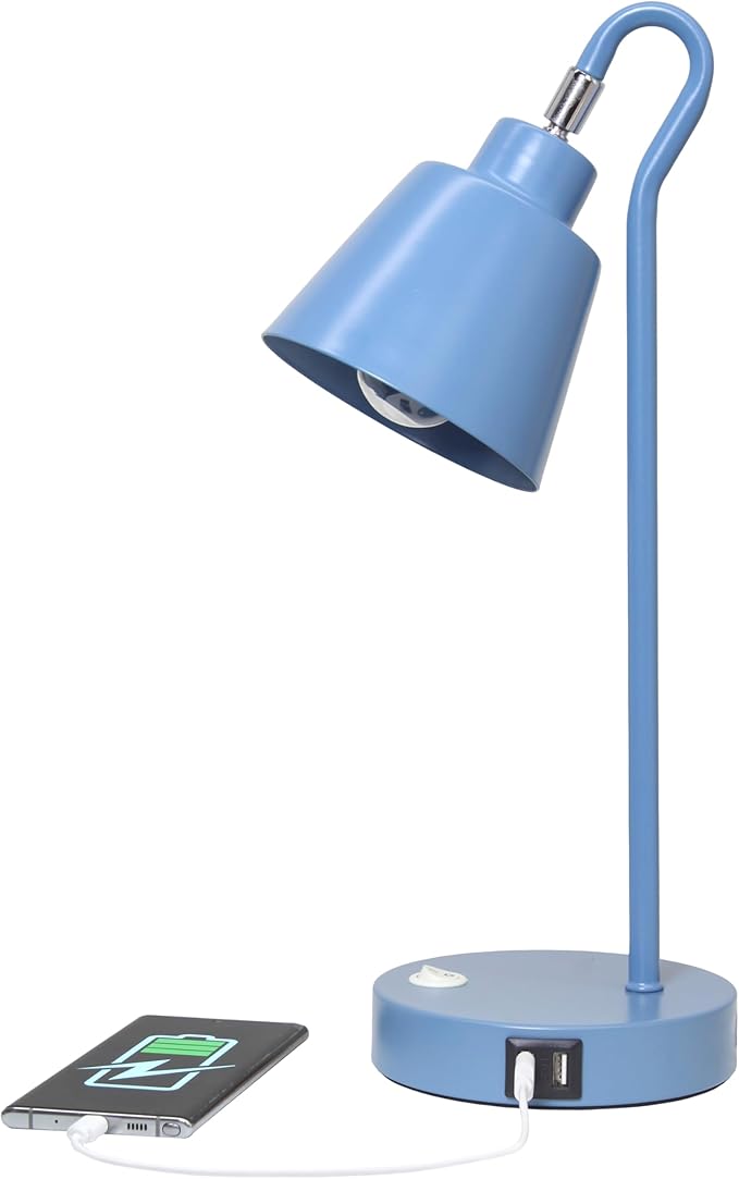 Simple Designs LD1073-BLU 16" Sleek Essentials Metal Looped Desk Task Lamp with Adjustable Shade and Dual USB Ports, for Office, Desk, Nightstand, Blue