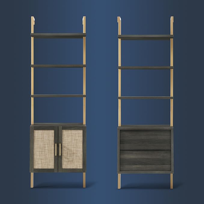 5 Tier Book Shelf Set of 2, 73" Tall Bookshelf with Storage, Modern Bookcase with Shelves, Wall Mount Ladder Shelf with Steel Frame, Bookshelves with Rattan Cabinet for Living Room (Midnight Oak)
