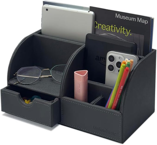 UnionBasic Desk Organizer - Multifunctional Leather Desktop Pen Holder Storage Box - Business Card/Pen/Pencil/Mobile Phone/Stationery Holder, Taiga Dark Gray