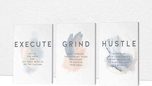 Office Wall Art - 3 Panel Motivational Wall Art, Inspirational Quotes Canvas Art for Home Office Wall Decor, Positive Quotes Wall Decor, Entrepreneur Grind Hustle Execution Poster Frame (12”x24”x3Pcs)