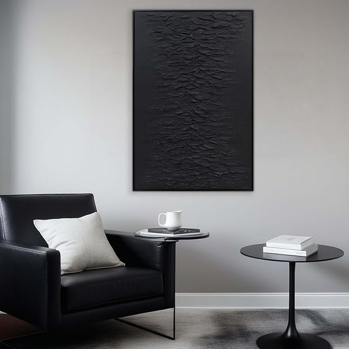 Zessonic Hand-Painted Thick Textured 3D Abstract Wall Art Large Black Texture Minimalist Wall Art - 3D Contemporary Dimensional Home Office Living Room Modern Wall Decor Framed - 24"x36"