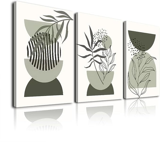 Sage Green Boho Wall Art Set of 3,Minimalist Boho Framed Wall Art Geometric Line Leaf Sun Moon Beige Green Canvas Artwork Paintings Wall Decor Living Room,Modern Abstract Sage Green Boho Wall Decor for Room Bathroom Office,12"x16"