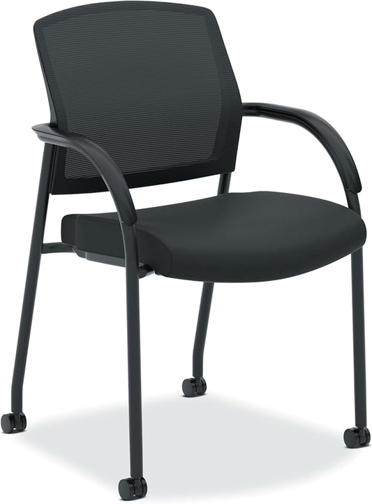 HON Lota Office Chair, Black Guest Seat with Arms and Casters, Mesh Back, Fabric | for Lobby, Guests, and Offices
