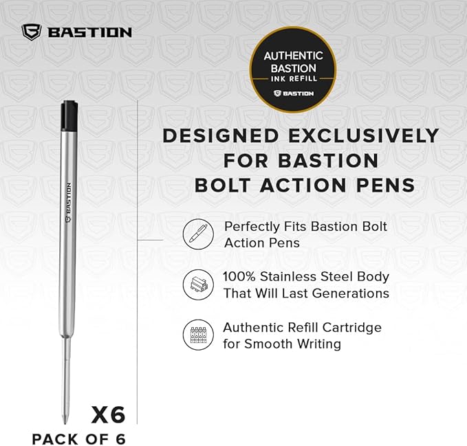BASTION® Premium Pen Refill, Deeply Pigmented Ink for All Bolt Action Luxury Pens, Standard Ink Refill with 0.55mm Fine Tip - Black 6 Pieces