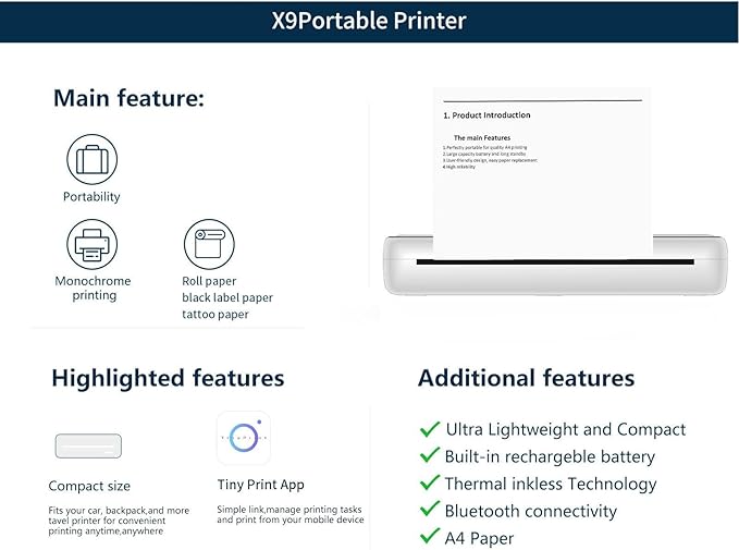 A4 Thermal Printer, Wireless Inkless Printing Machine with 203dpi Resolution, Compact Bluetooth Printer for Web Text Picture Printing with 5.2m Paper Roll for Office