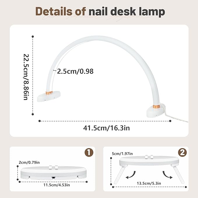 BZJ 16-Inch Half Moon Nail Light for Desk Portable Nail Art Table Lamp with Adjustable Brightness and Color Temperature for Beauty Eyelash Extensions Tattoo Crafts