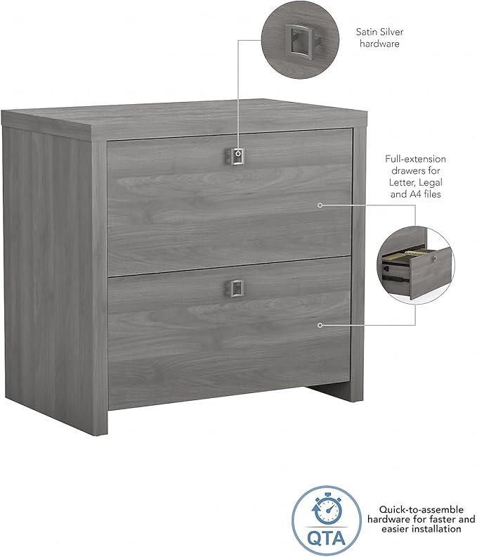 Bush Furniture Lateral File Cabinet with Satin Silver Hardware | Echo Collection 2 Drawer Filing Unit for Home Office or Professional | 31Wx20Lx30H