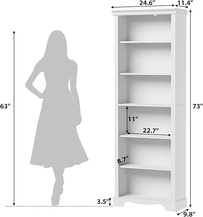 6-Tier Bookshelf, 73 inch Tall Bookcase with 2 Adjustable Shelves, Book Shelf with Anti-Tipping Device, Wooden Bookcase for Study Room, Living Room, Home Office, Bedroom (White)