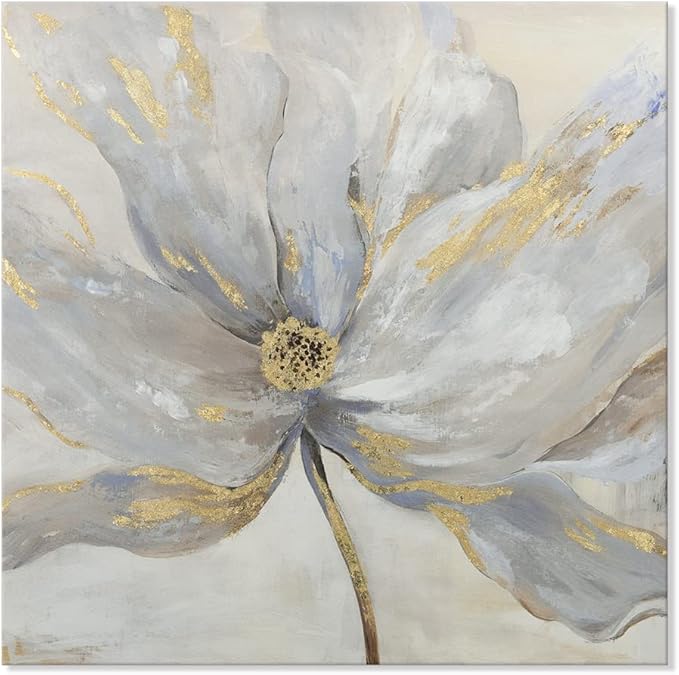 Goldfoilart Floral Wall Art Gold Flower Canvas Pictures with Foil Embellishment Painting Grey Print Framed Artwork for Bedroom Bathroom Living Room Office Wall Decor 24" x 24"