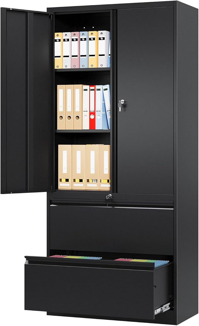 2 Drawer Lateral File Cabinet, Office Storage Cabinet with 2 Wide&Deep Drawers and Locking Doors, Black Metal Cabinet with Adjustable Shelves for Home Office, Fits A4/Letter/Legal Size Folders