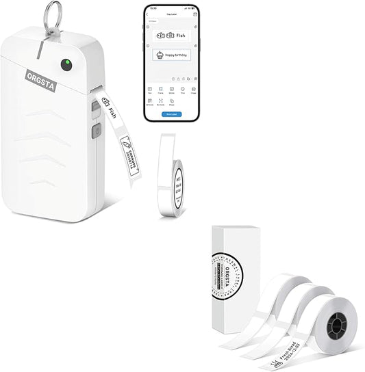ORGSTA S001 Label Maker Machine with Tape, Portable Bluetooth Label Maker for Home and Office Organization, Thermal Label Printer with 3 Roll Label Tape - White