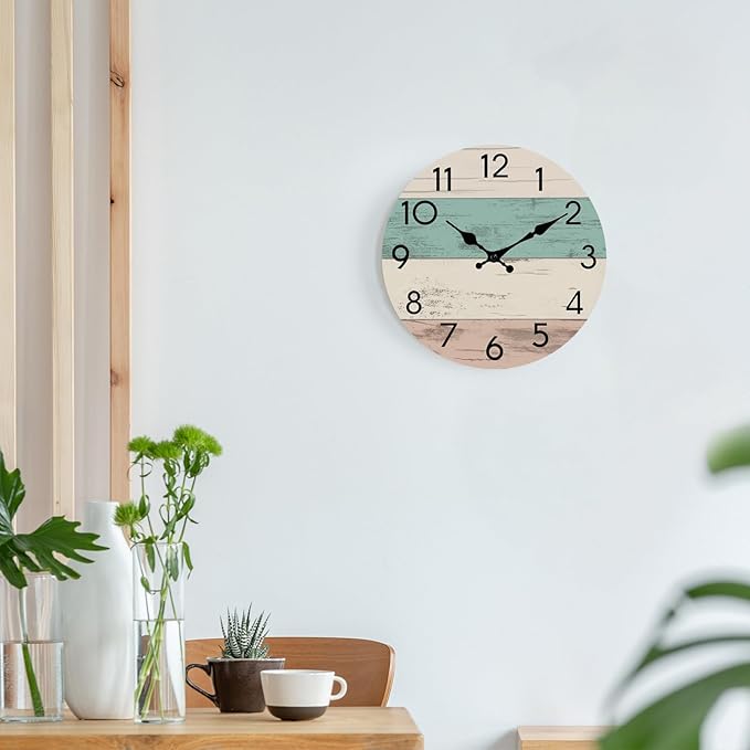 Wall Clock Silent Non-Ticking Wooden Clocks Battery Operated 8 Inch Small Country Retro Rustic and Beach Style Decorative for Kitchen, Home, Bathroom, Bedroom (Green)