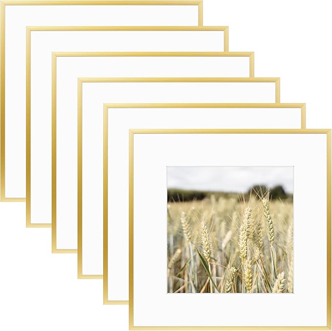Golden State Art, Gallery Wall Frame Set of 6 - Gold 12x12 Aluminum Photo Frames with Mat for 8x8 Pictures - 12 x 12 inch Metal Frame with Real Glass Cover - Elegant Home or Office Decor
