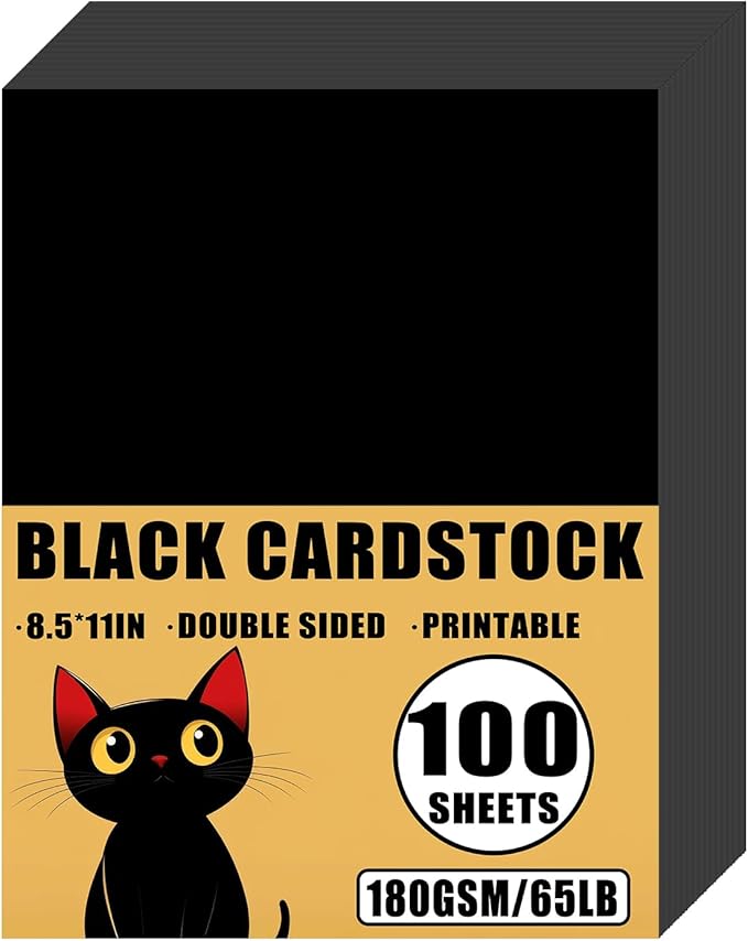 100 Sheets 65lb Black Cardstock, 8.5" x 11", Printer Black Paper for DIY Craft Card Making Blank Invitation Halloween Supply, 65LB Cover 180 GSM