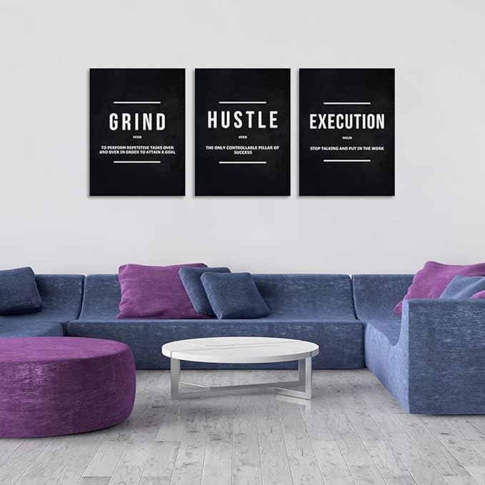Motivational Office Wall Decor Inspirational Success Canvas Wall Art Hustle Posters Prints Entrepreneur Quote Wall Picture Paintings 3 Pieces Artwork Home Bedroom Framed Easy to Hang(72”Wx36”H)