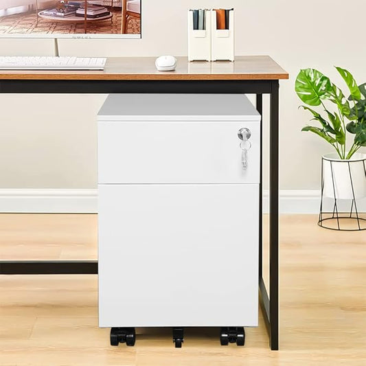 2 Drawer Mobile File Cabinet for Storage Under Desk in Home Office, Mobile File Cabinet, Metal File Cabinet with Lock, Legal/Letter /A4/F4 Size, Fully Assembled, Including Wheels, White