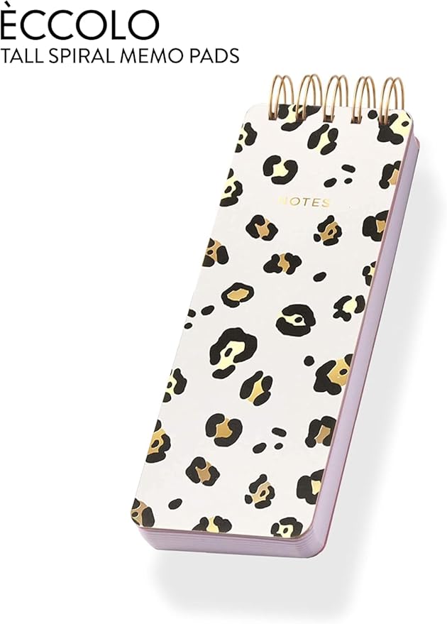 WORLD TRAVELER Eccolo Tall Spiral Memo Pad, 300 Pages, 150 Sheets, Double Spiral Binding, Office Essentials for Work, List Notepad for Students, Class and Shopping, Leopard (3x8.5 inches)