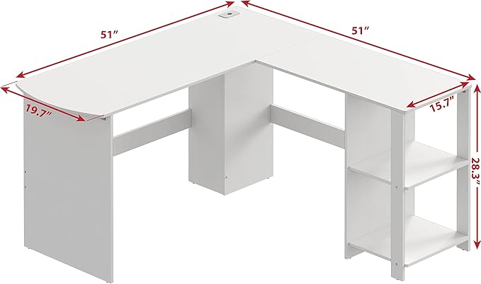 SHW 51 x 51 Inches L-Shaped Home Office Wood Corner Desk wtih Storage, White