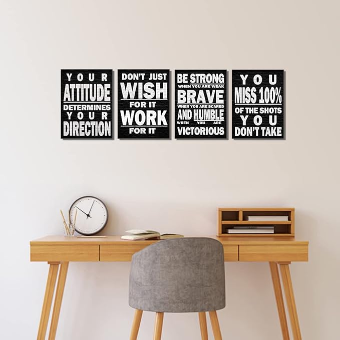 Deergar 4pcs 12x16 inches Black and White Inspirational Wall Art, Modern Art Deco, Motivation Quotes, Office Art, Positive Poster, Wooden Wall Mount, 4 count
