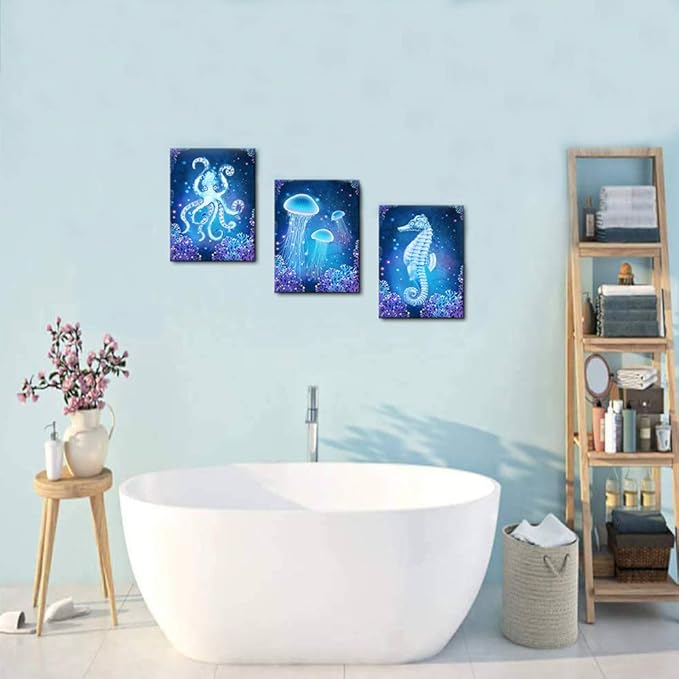 blue Ocean Life Theme Canvas Prints Wall Art Paintings for Living Room Wall Artworks Sea Animal sea horse Octopus jellyfish Pictures Bedroom Decorations 3 Panels Home bathroom Wall decor posters