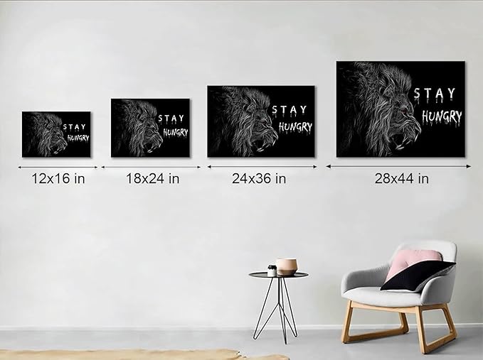 Black White Inspirational Framed Office Canvas Animals Wall Art with Positive Quotes-Stay Hungry Wall Pictures Poster and Prints HD Print for Living Room Bedroom Wall Decor Ready to Hang- 16x12 inches