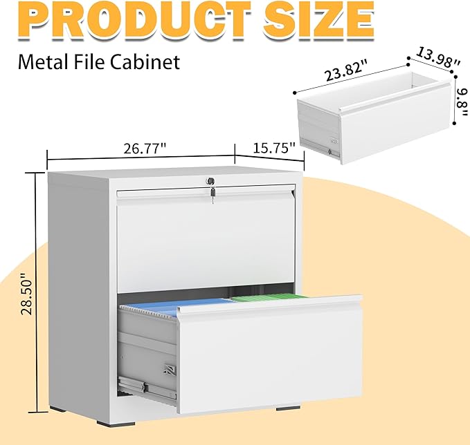 2 Drawer Lateral File Cabinet with Lock, Metal Lateral Filing Cabinets for Home Office, File Cabinet, File Storage Cabinet for Legal/Letter/A4 Documents, Assembly Required, White, 26'W