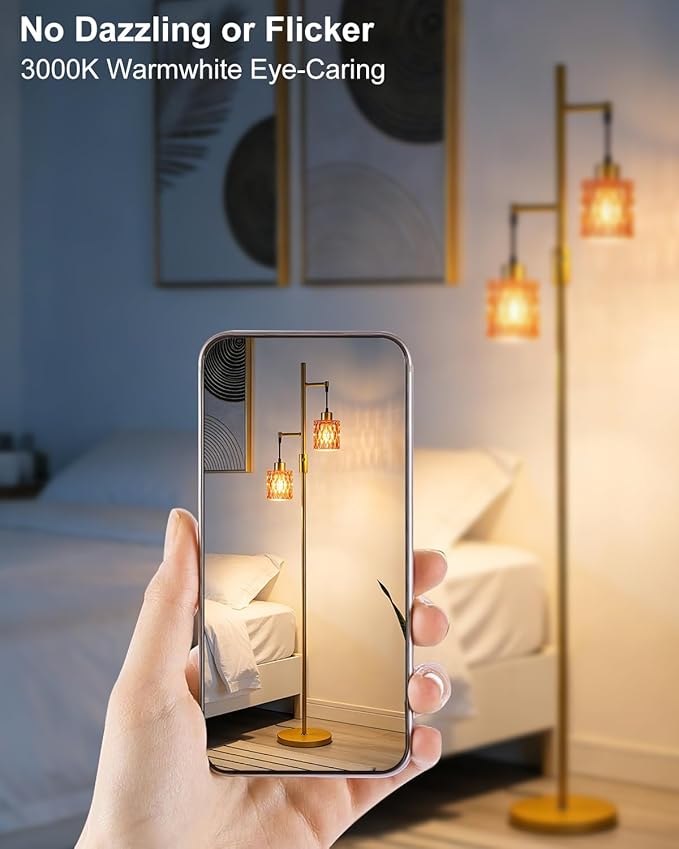 Lightdot 65IN Industrial Gold Floor Lamp for Living Room, 2- Light Rose Red Glass Floor Lamps with 3000K Warm White Bulbs, Modern Tree Standing Tall Lamp for Bedroom Office