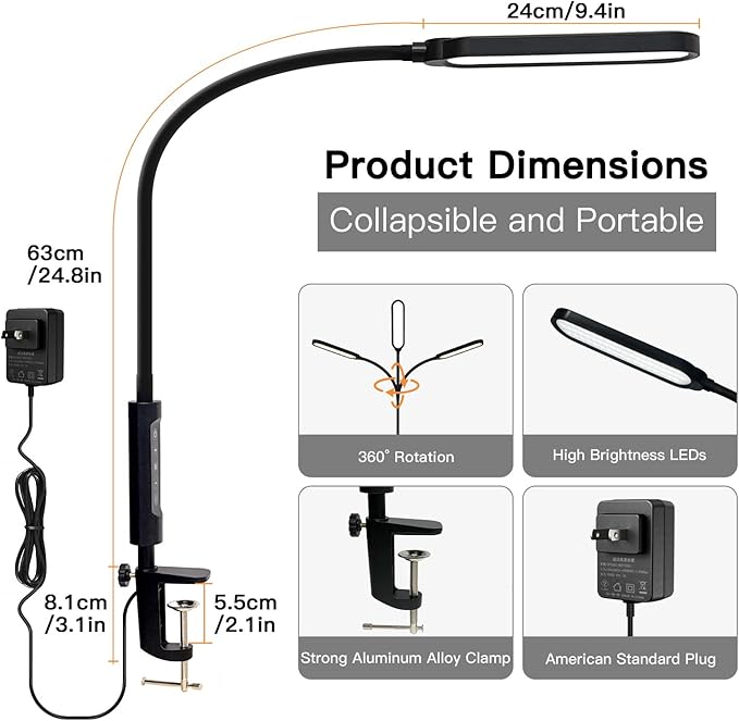 Clamp on Lamp, LUJOLUMIN LED Desk Lamp, 18W, 3000 LMS, 3 Color Modes, 16 Brightness Levels, CRI>95, Reading Light, Eye-Caring Task Lamp with Remote for Reading, Office, Home (Adapter Included)