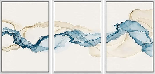 SIGNWIN Framed Canvas Print Wall Art Set Blue Tan Smoke Wave Landscape Abstract Shapes Illustrations Modern Art Decorative Contemporary Colorful for Living Room, Bedroom, Office - 24"x36"x3 White