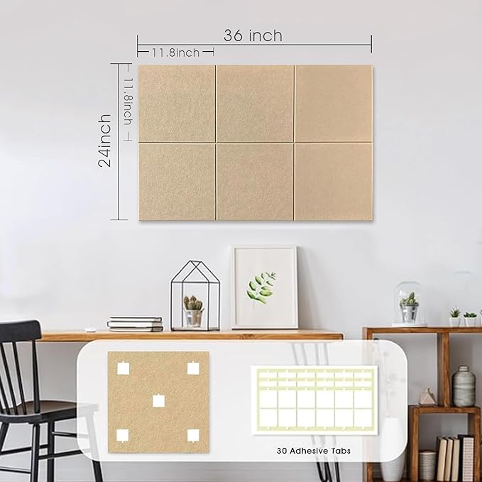 Large Cork Board for Office Wall Decor,36"x24"-6 Pack Felt Wall Tiles with Safe Removable Adhesive Tabs, 1/2" Thick, Felt Bulletin Board Pin Board Cork Boards for Walls - Tan
