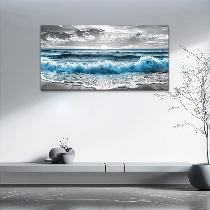 ZUITINGHUA Large Wall Decor For Living Room Canvas Wall Art For Office Modern Wall Decorations For Bedroom Sea Wave Landscape Painting Black And White Pictures Artwork Room Home Decor 24x48 In