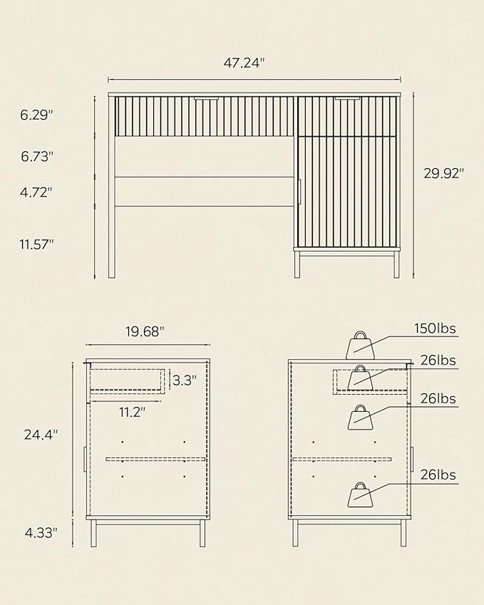 47" Executive Desk with Fluted Drawers, Wooden Home Office Desk with Storage Cabinet, Charging Station, Metal Legs Modern Farmhouse Computer Desk for Work, Study Natural Oak