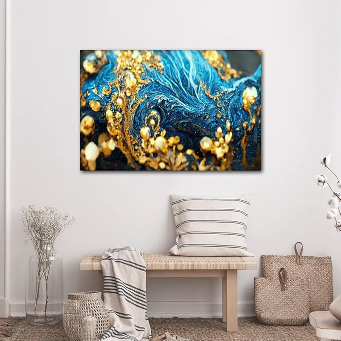 Wall Art Canvas Decor Modern Abstract Marble Art Picture Printing Gold Flakes Gold Dust Illustration Prints on Canvas 1 Panel Artwork Poster for Bedroom Home Decor Stretched Ready to Hnag 36x24 in