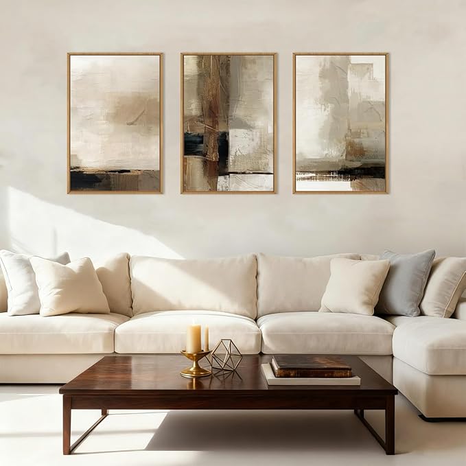 HOURIA Large Abstract Neutral Framed Canvas Wall Art Set,Brown Beige Wall Decor,Minimalist Black Wall Painting,Modern Brush Stroke Line Art Print for Living Room,Bedroom,Office- 16"x24"x3