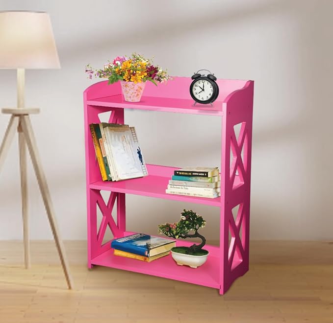 Narrow Bookcase by Natural Wood, 3 Tier Bookshelf, Small Book Shelves Freestanding Display Storage Shelves. Open Bookshelf for Bedroom, Living Room and Office (Pink, 3 Tier)