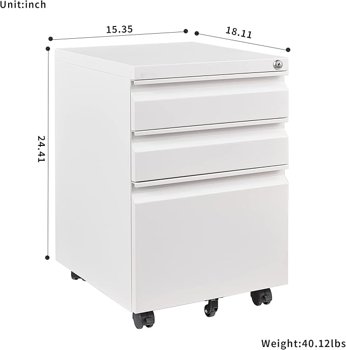 3 Drawer File Cabinet with Lock, Steel Mobile Filing Cabinet on Anti-tilt Wheels, Rolling Locking Office Cabinets Under Desk for Legal/Letter Size (White)