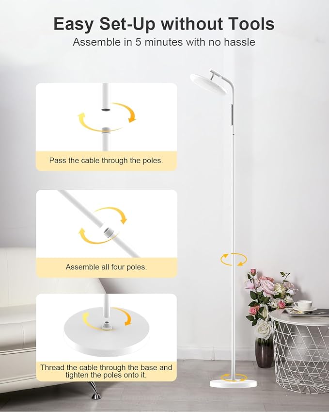 LED Floor Lamp, 36W Super Bright Standing Lamp with Remote & Touch Control, 69" Stepless Dimmable Torchiere Tall Lamp, 350° Rotating Head Floor Lamp for Bedroom, Living Room, Office, White