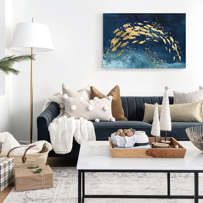 Wall Art Canvas Abstract Ocean Art Paintings Golden Fish Dancing in Blue Sea Modern Artwork Decor for Living Room Bedroom Kitchen 36x24in