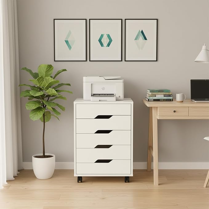 VINGLI 5 Drawers Rolling File Cabinet with Wheels, Under Desk Storage Organization, Vertical Filing Chest Mobile Wood Small Desk Printer Stand for Home Office, 19" W × 15.8" D × 25.6" H, White